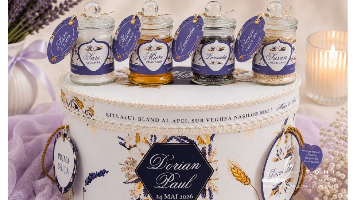 Set Prima Băiță după Botez Lavandă si Grâu Ritualul Blând al Apei cu Nașii Personalizat pentru Băieți 11